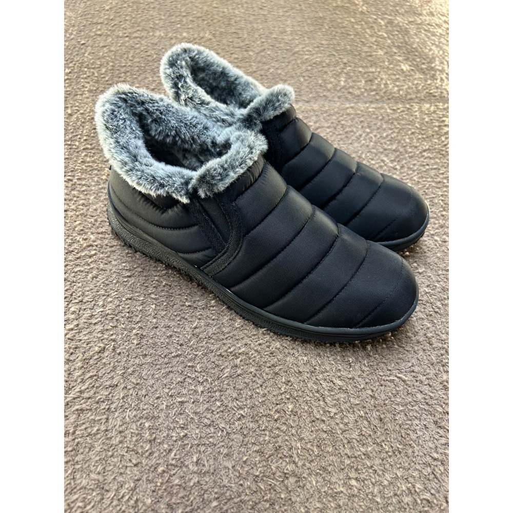 Minnetonka Womens Black Quilted Puffer Ankle Boots Faux Fur Lined Slip On Size 9